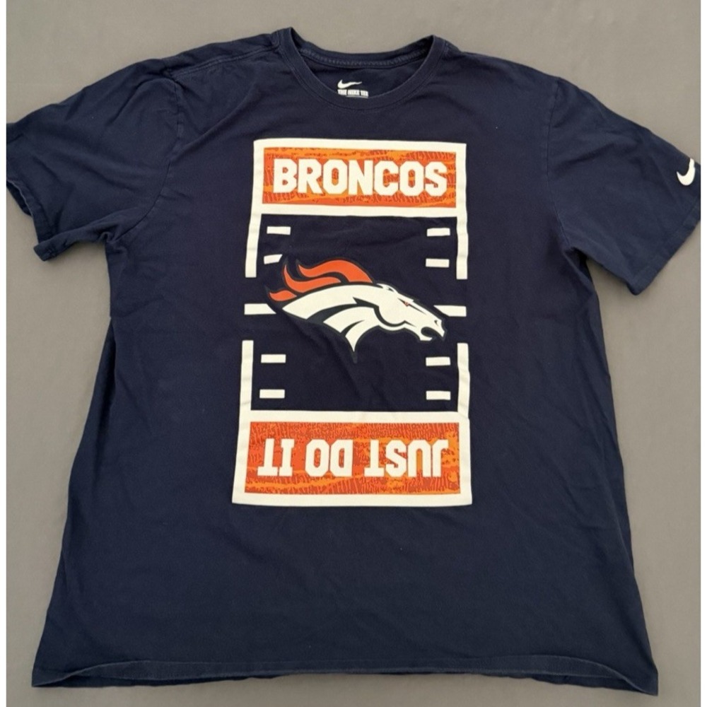 Nike Denver Broncos NFL Just Do It Tee Shirt Adult Size XL Navy Blue Orange